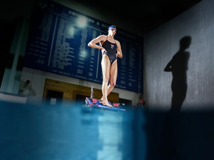 Penn swimmer Lia Thomas looks down at the water